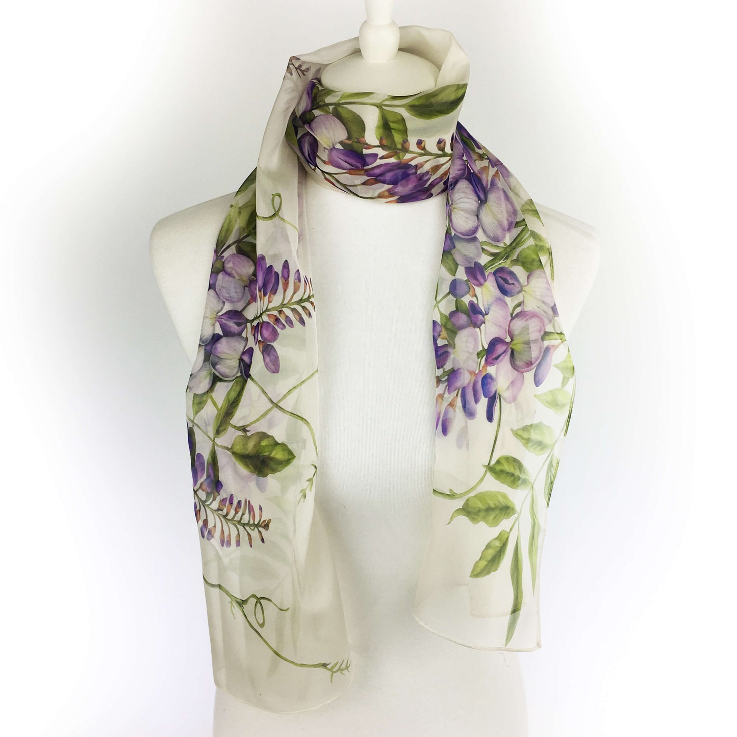 Wisteria floral chiffon scarf on soft white - UndertheLeafDesigns.com