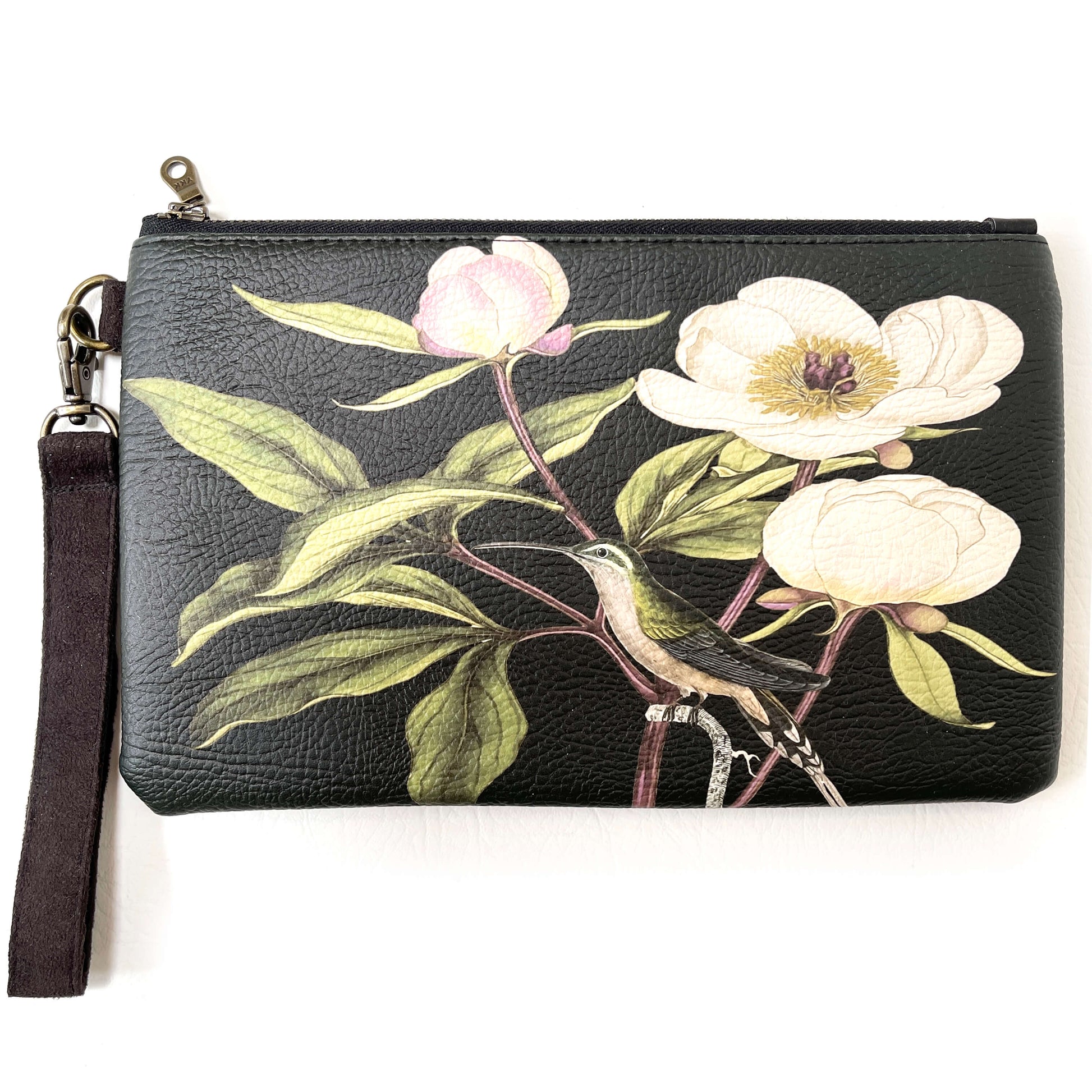 Vegan Leather Wristlet,Clutch,Peony and Hummingbird Ladies handbag,Botanical handbag,Flower handbag,hand painted, botanical bag,madeinUSA