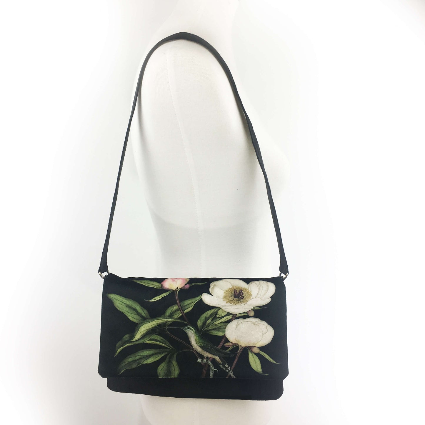 Peony Hummingbird Clutch/Cross/Body/Shoulderbag - Velvet/VeganSuede - UndertheLeafDesigns.com