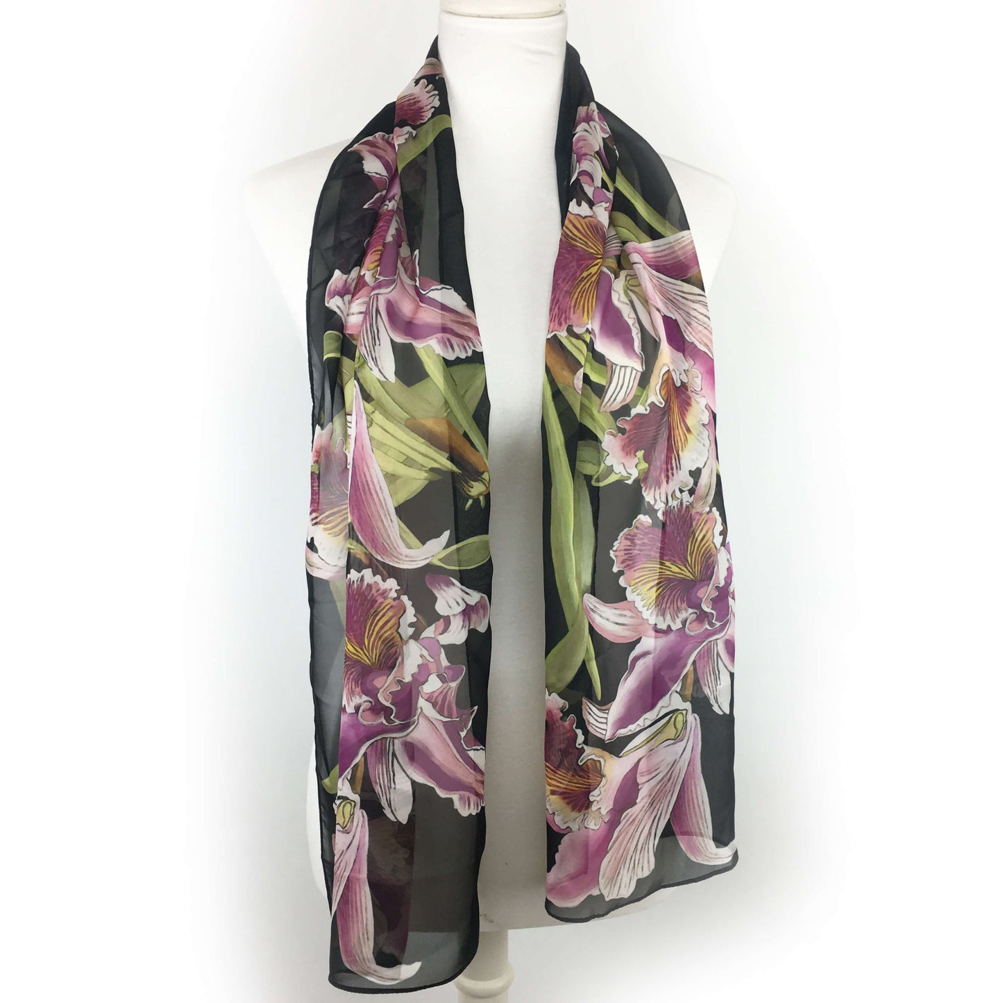 Orchids on Black Chiffon Scarf - UndertheLeafDesigns.com