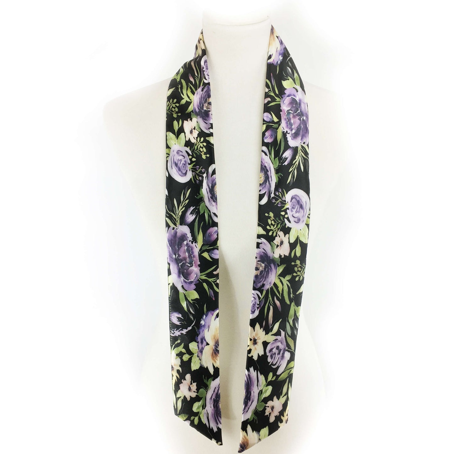 Watercolor mixed floral skinny scarf on black - UndertheLeafDesigns.com