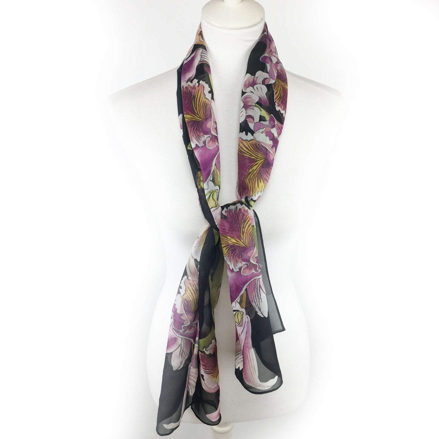 Orchids on Black Chiffon Scarf - UndertheLeafDesigns.com