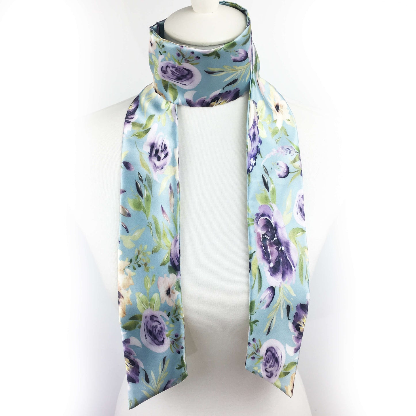 Watercolor Mixed Floral Skinny Scarf on Turquoise - UndertheLeafDesigns.com