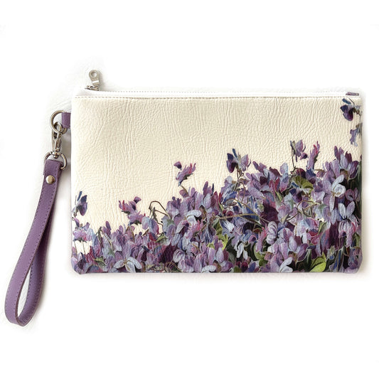 Violets Vegan Leather Wristlet, Clutch,Ladies handbag, Botanical handbag,Flower handbag,hand painted handbag, Floral bag,botanical,madeinUSA