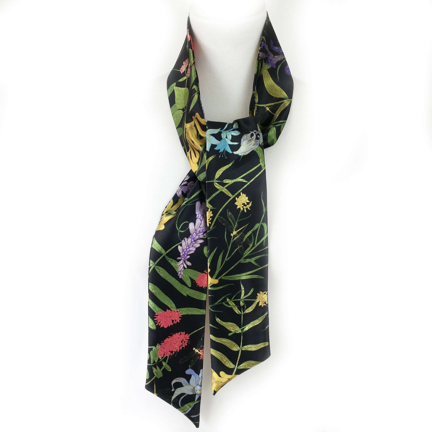 Wildflower garden with dragonflies skinny scarf on black - UndertheLeafDesigns.com