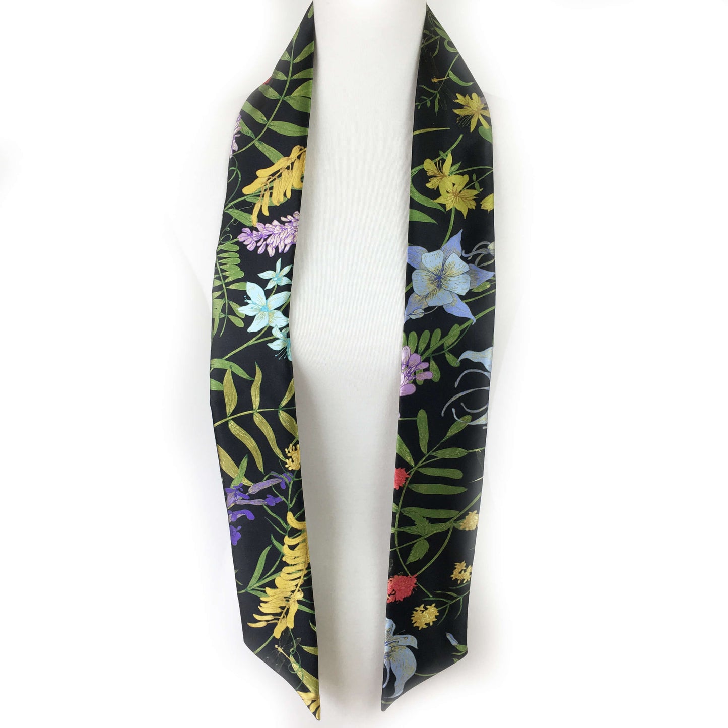 Wildflower garden with dragonflies skinny scarf on black - UndertheLeafDesigns.com