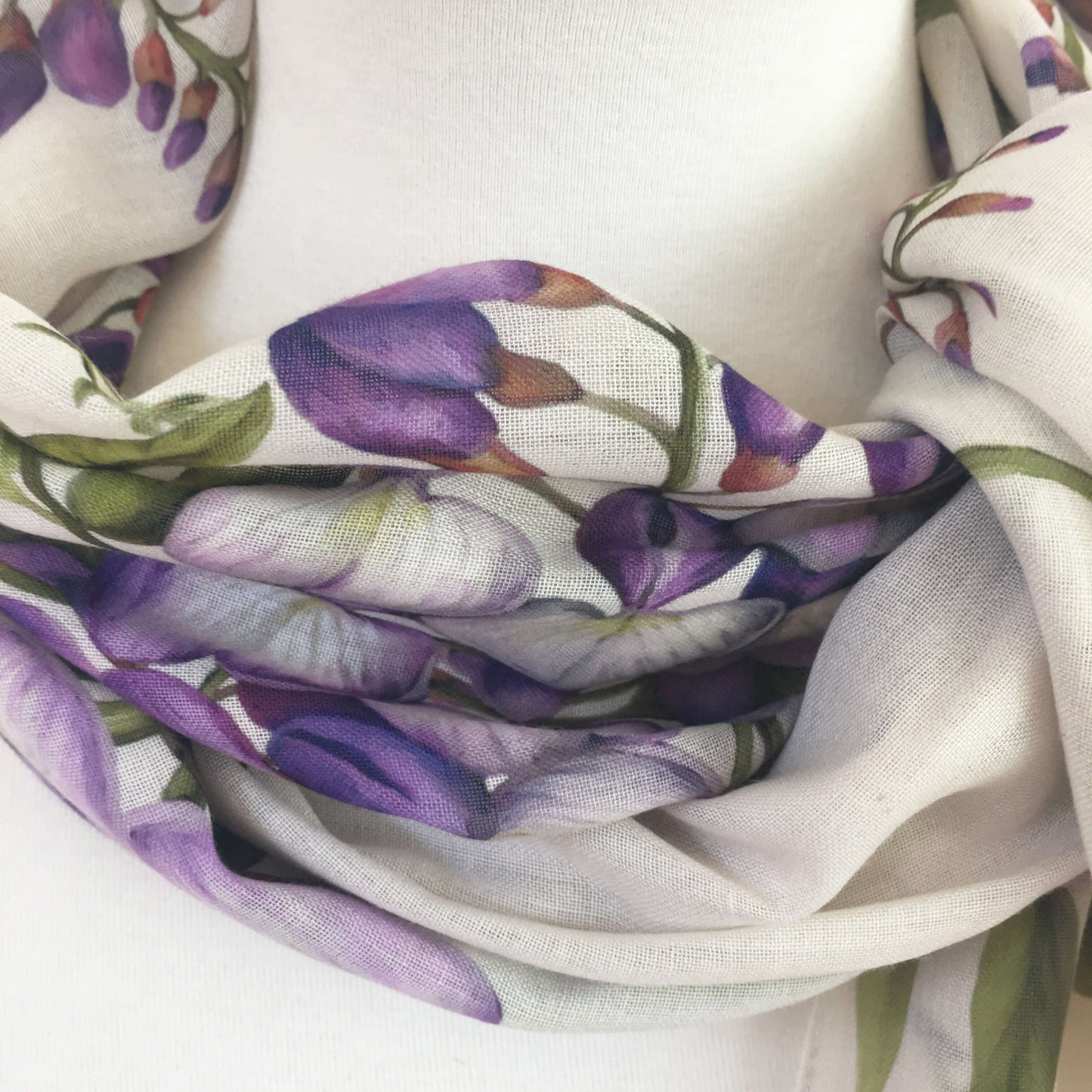 Divine Vines on white floral scarf - natural linen look - UndertheLeafDesigns.com