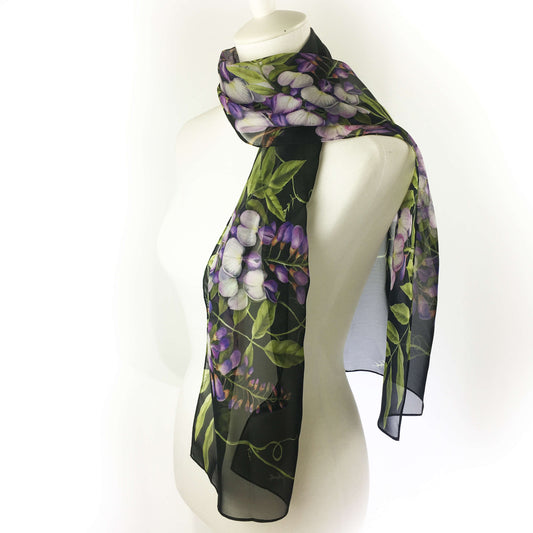 Wisteria floral chiffon scarf on black - UndertheLeafDesigns.com