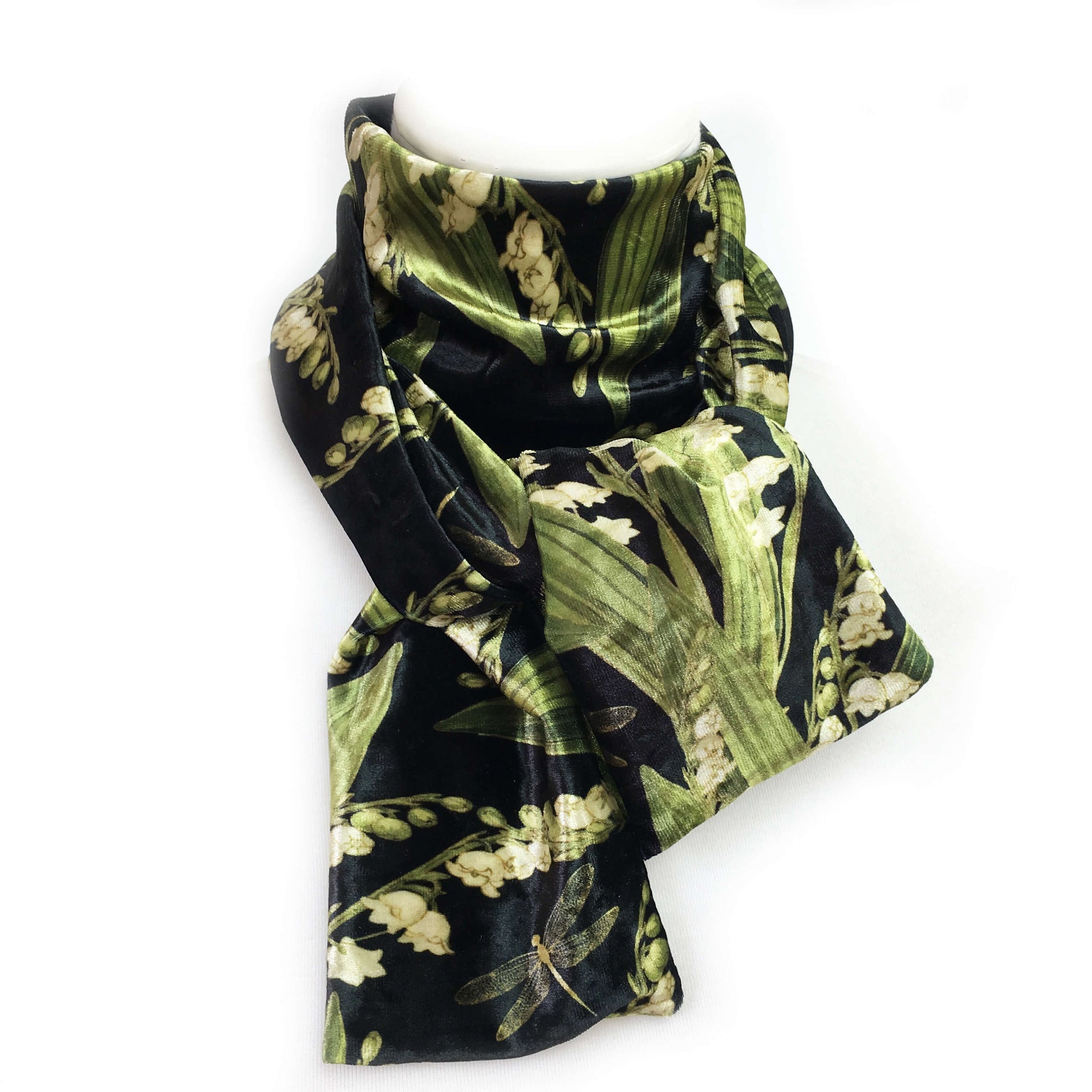 Lily-of-the-Valley Dragonfly Velour Scarf, Womans Scarf, All season, Luminous Scarf, hand painted artist scarf, Wear all day or evening