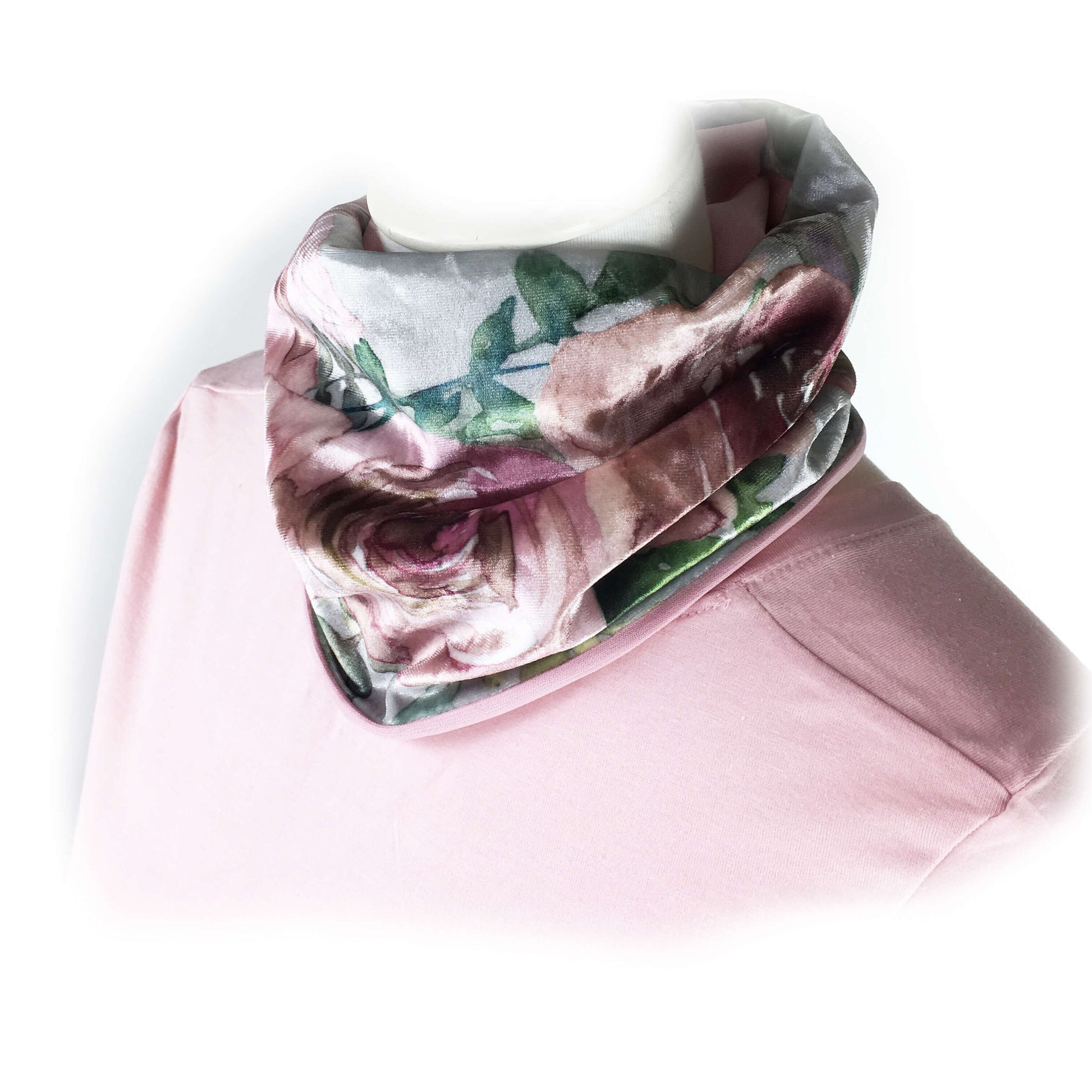 Pink Rose Watercolor,  Versatile Scarf, Headband, HatBand, Neck Warmer, Ladies Scarf, Velour Scarf, Designer Gaiter, Handpainted and printed