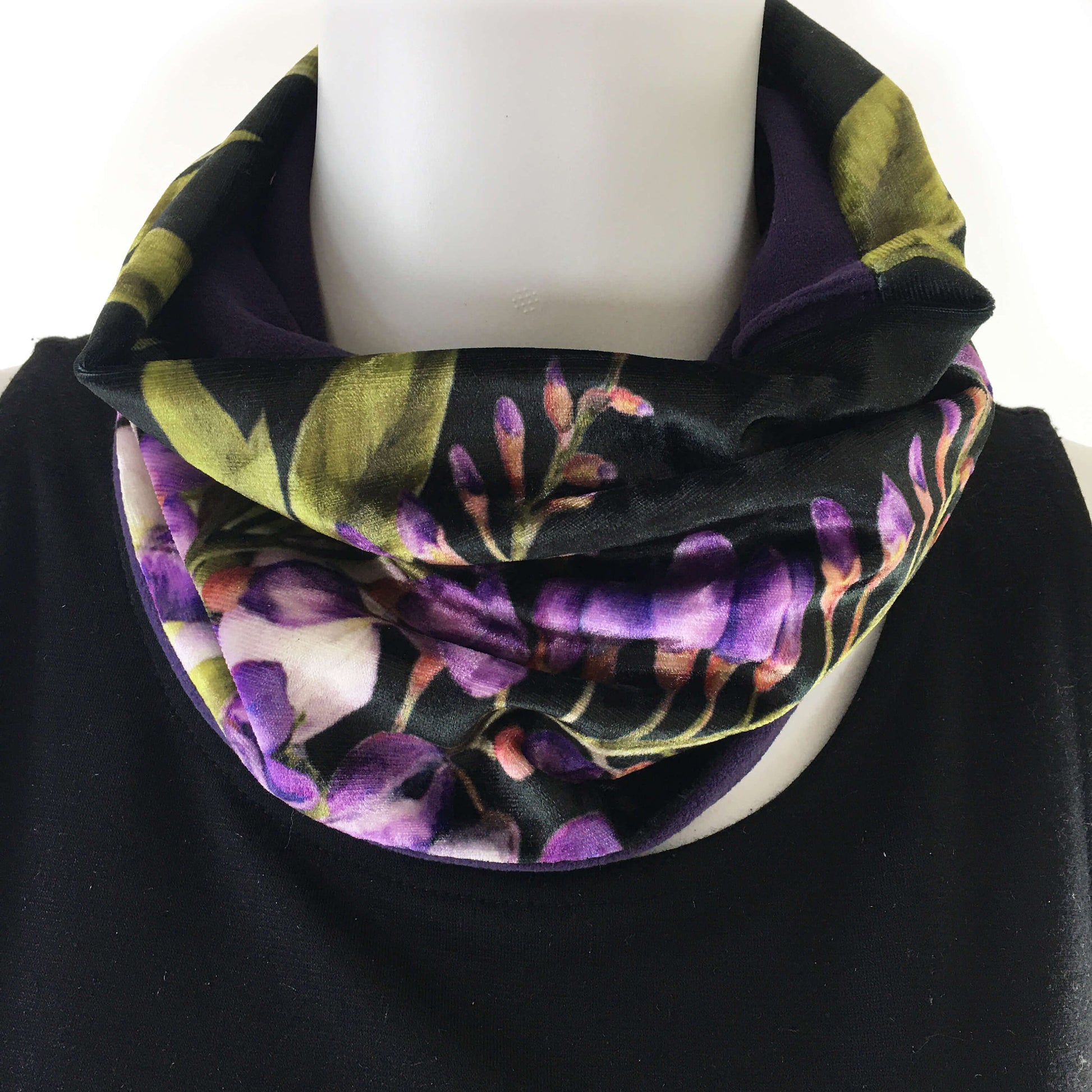 Wisteria, Versatile Scarf, Headband, HatBand, Neck Warmer, Ladies Scarf, Velour Scarf, Designer Gaiter, Handpainted and printed