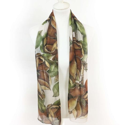 Magnolia, Chiffon Scarf, Woman Scarf, All season scarf, Lightweight Scarf, hand painted scarf,ladies scarf, artist scarf