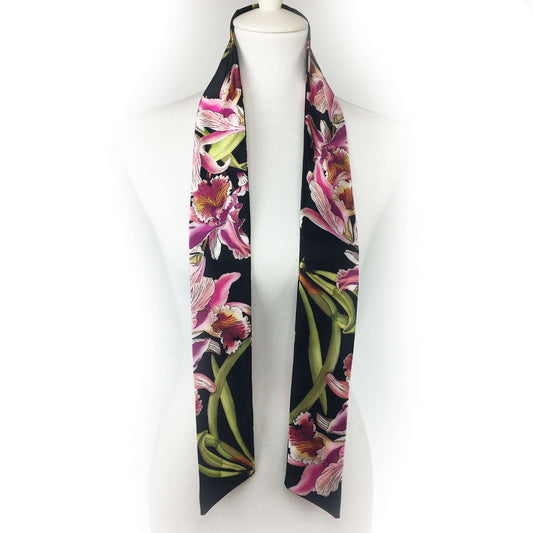 Orchids on Black,Skinny Scarf,Woman Scarf,All season scarf,Lightweight Scarf,ladies scarf,artist scarf,painted scarf,satin tie scarf