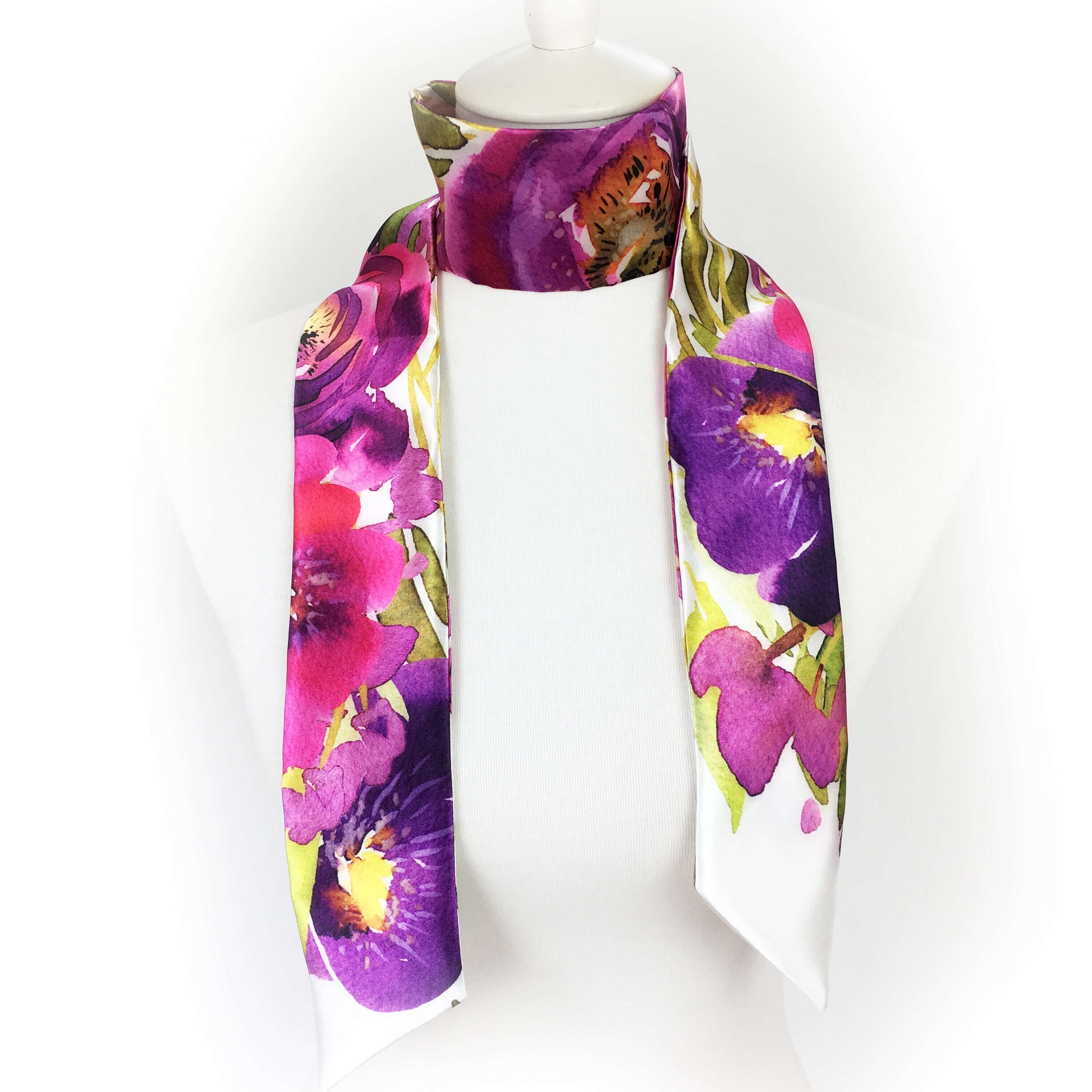 Brilliant Floral,Skinny Scarf,Woman Scarf,All season scarf,LightweightScarf,ladies scarf,artist scarf,painted scarf,satin scarf