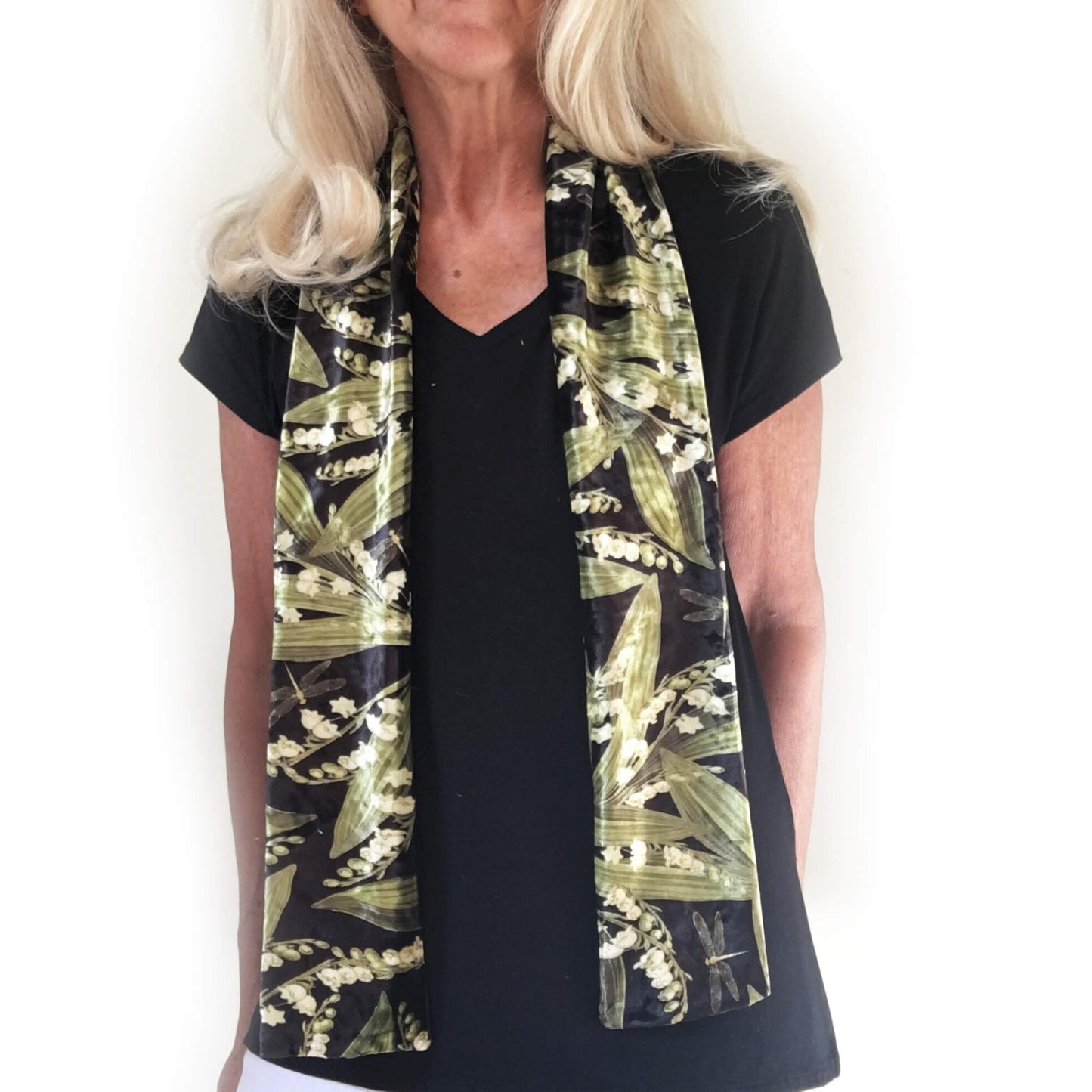 Lily-of-the-Valley Dragonfly Velour Scarf, Womans Scarf, All season, Luminous Scarf, hand painted artist scarf, Wear all day or evening