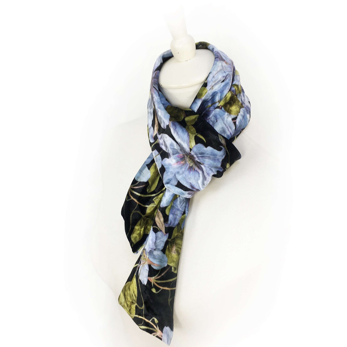 Denim Blue Clematis Velour Scarf, Womans Scarf, All season, Luminous Scarf, handmade artist scarf, Wear all day or evening