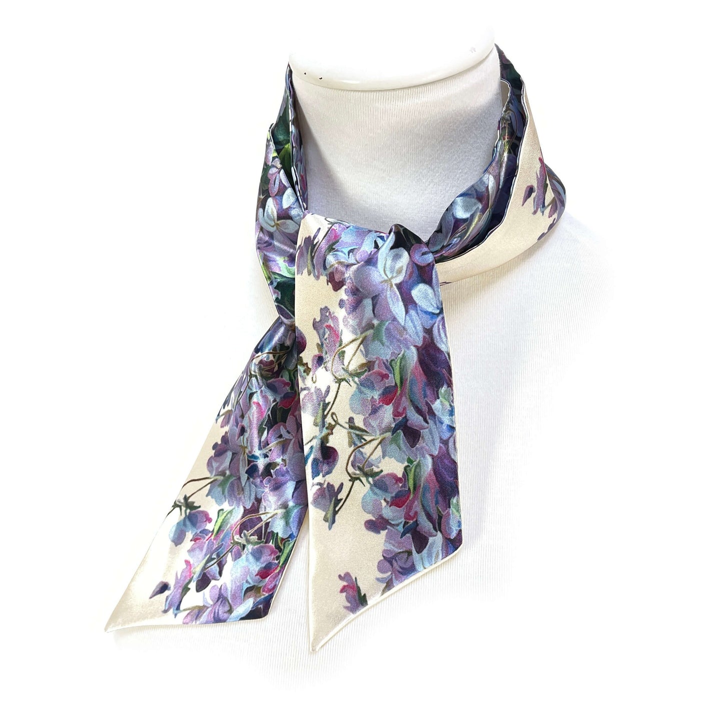 Violets Skinny Scarf,Womans Scarf,floral scarf,Satin Scarf,ladies scarf,hair tie, hangbag scarf,floral scarf,violet scarf