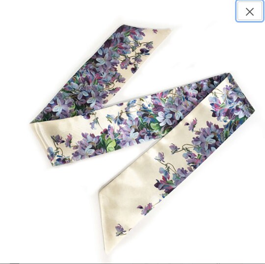 Violets Short Satin Skinny Scarf,Womans Scarf,floral scarf,ladies scarf,hair tie, hangbag tie scarf, violets scarf