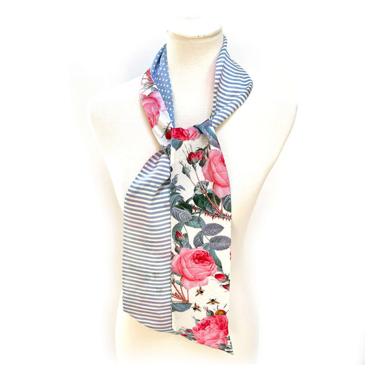 Pure Silk Scarf, Roses, Stripes and Dots Scarf, Hair Scarf, Neck Scarf, Headband, Designer Scarf, 100% Pure Silk