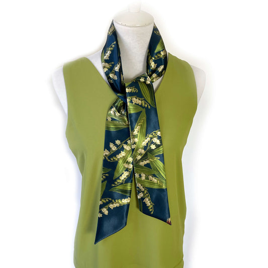 Navy Lily-of-the-Valley Skinny Scarf,Woman Scarf, All season scarf, Lightweight Scarf,ladies scarf, artist scarf, floral scarf, satin scarf