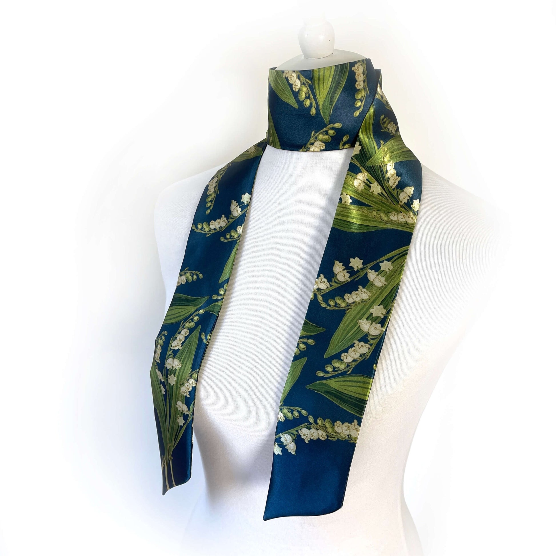 Navy Lily-of-the-Valley Skinny Scarf,Woman Scarf, All season scarf, Lightweight Scarf,ladies scarf, artist scarf, floral scarf, satin scarf