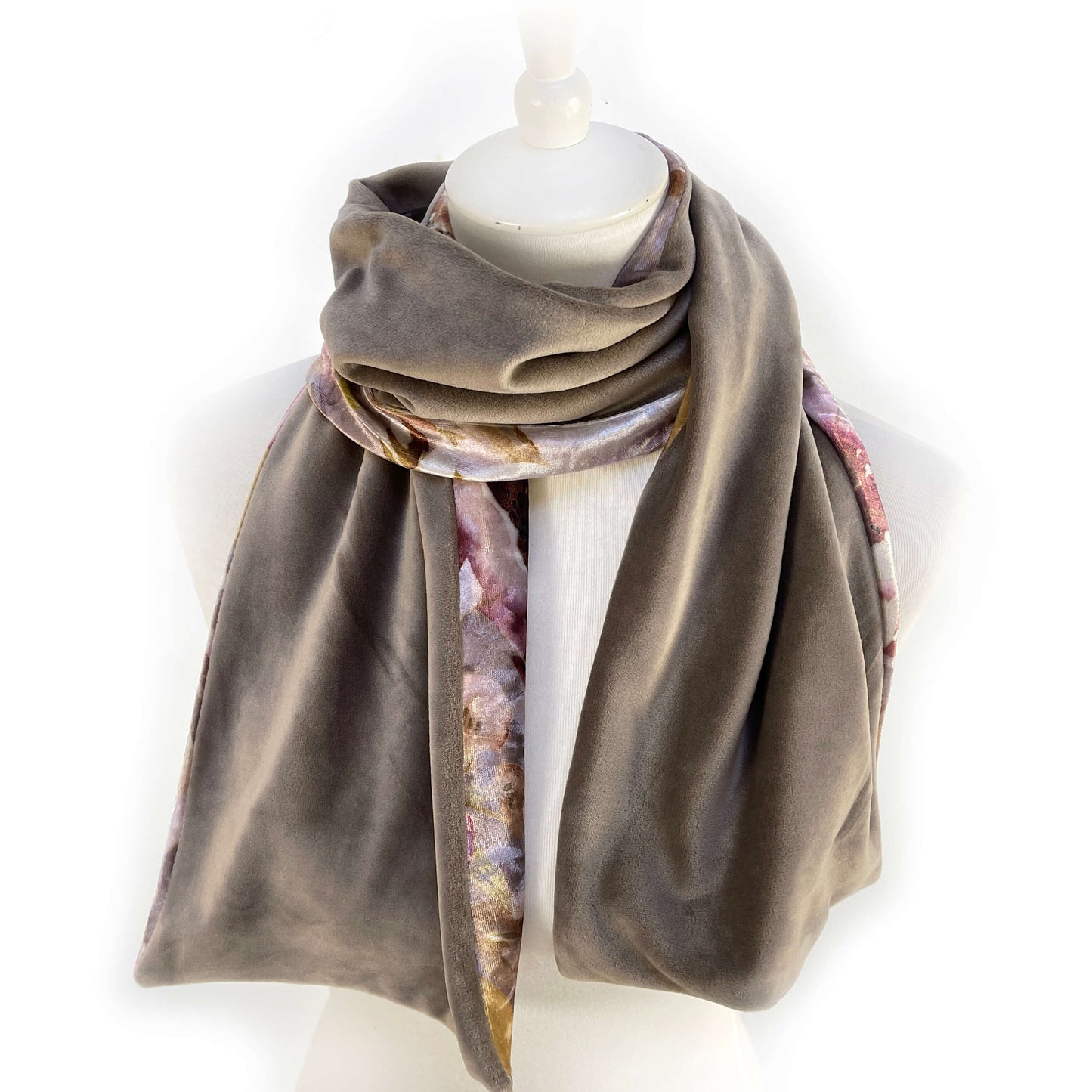 Taupe and Pink Mauve Watercolor Velour and Minky Fleece Scarf, Womans scarf, handmade scarf, luminous scarf, artist scarf