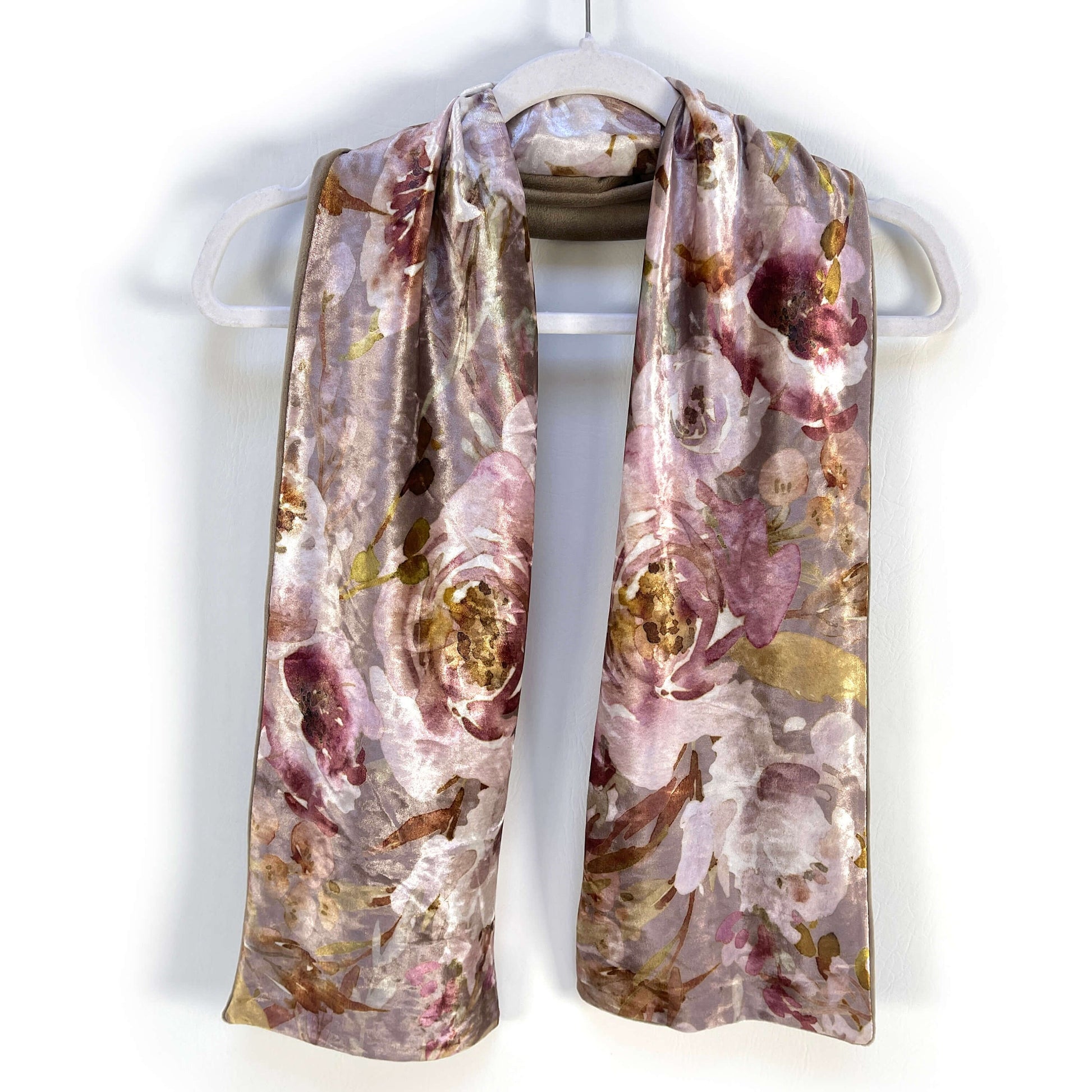 Taupe and Pink Mauve Watercolor Velour and Minky Fleece Scarf, Womans scarf, handmade scarf, luminous scarf, artist scarf