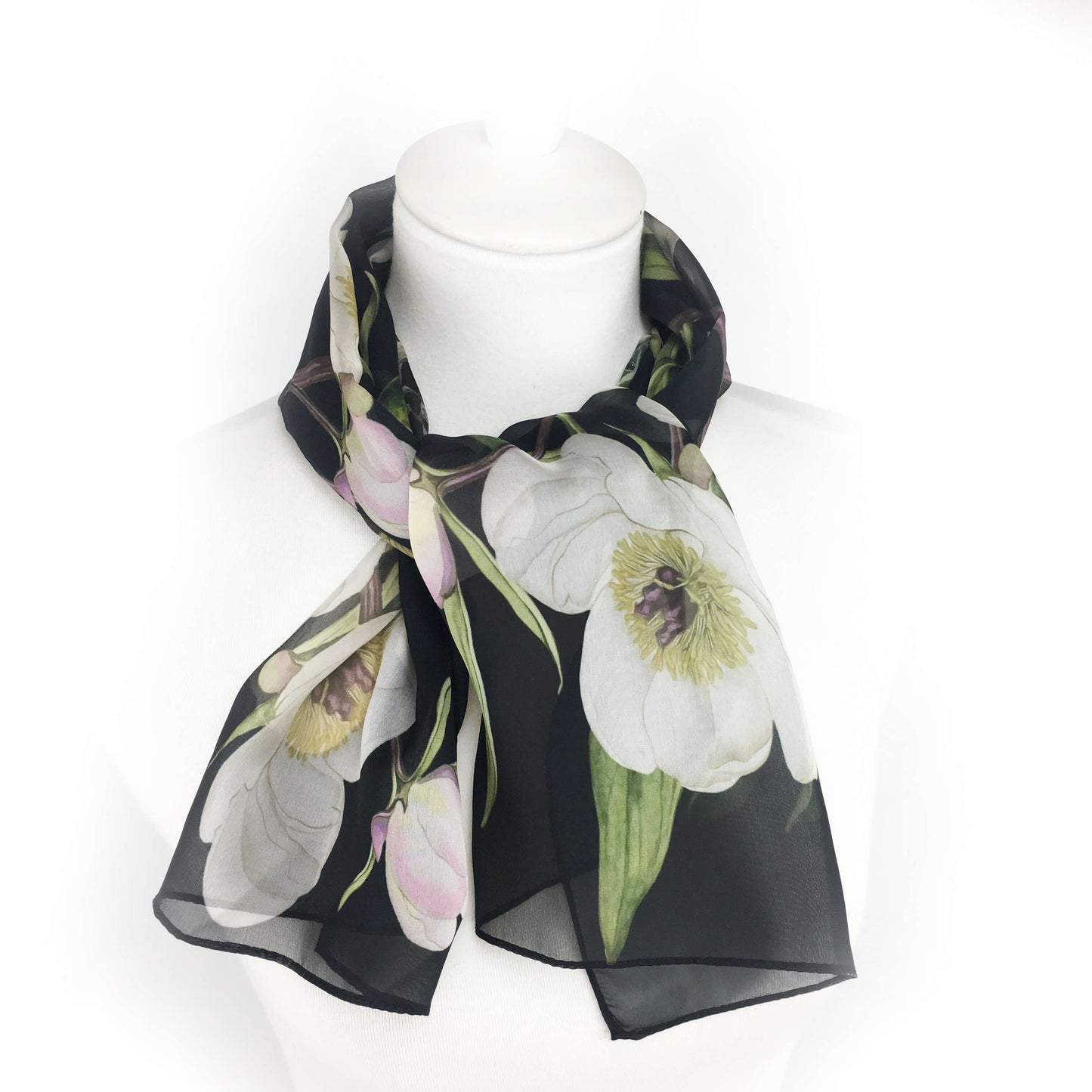 White Peonies and Hummingbirds Chiffon Scarf on Black - UndertheLeafDesigns.com