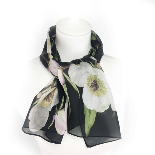Hand painted silk scarf, black silk scarf, white peonies - Handpainted silk  - Black and white scarf - Floral scarf - Black white gray scarf
