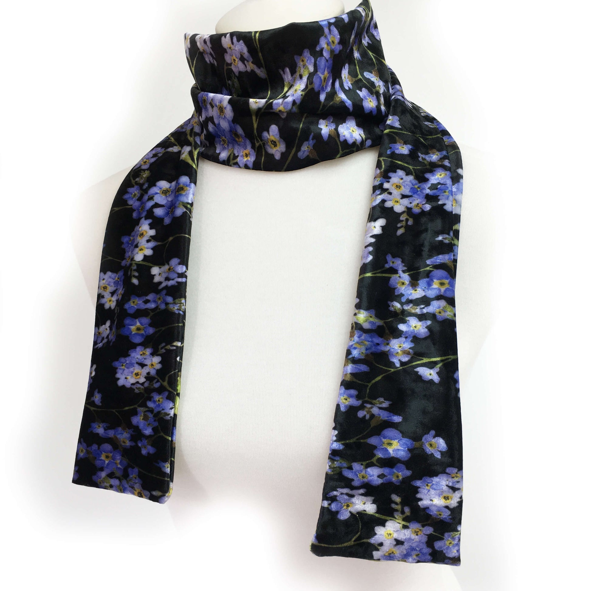 Forget-Me-Not Watercolor Scarf on Black - All season velour - UndertheLeafDesigns.com