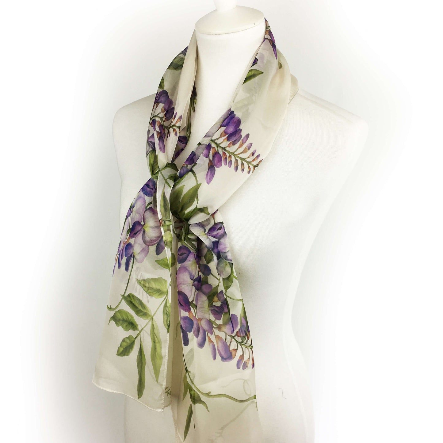 Wisteria floral chiffon scarf on soft white - UndertheLeafDesigns.com