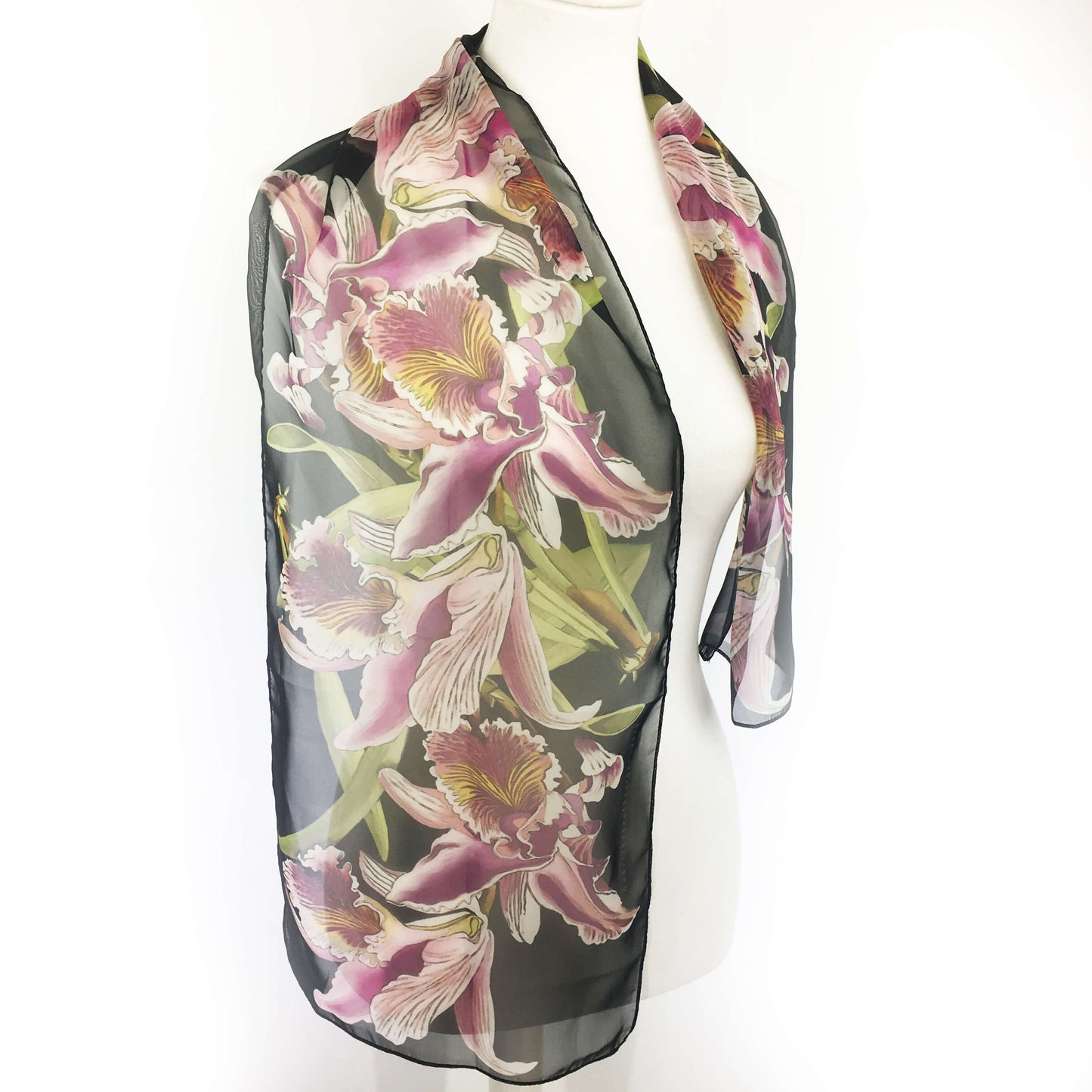 Orchids on Black Chiffon Scarf - UndertheLeafDesigns.com