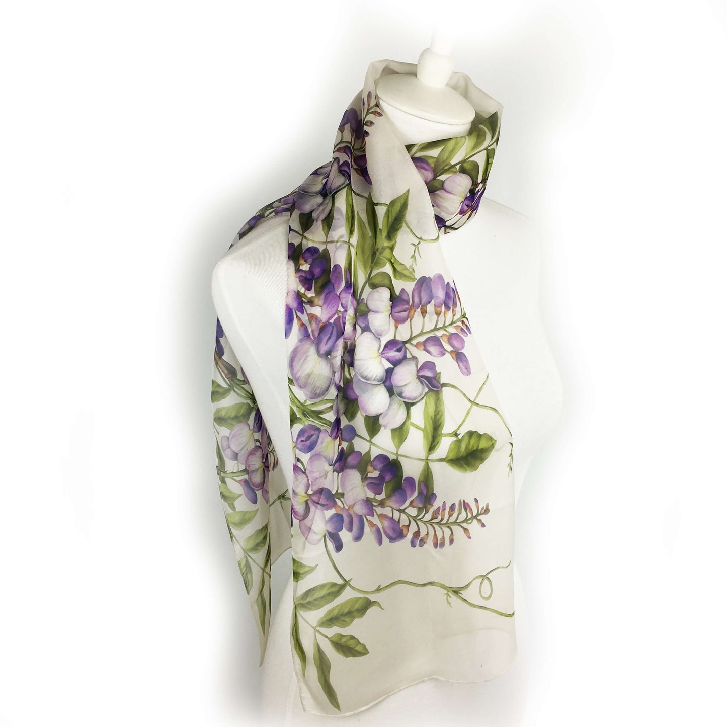 Wisteria floral chiffon scarf on soft white - UndertheLeafDesigns.com