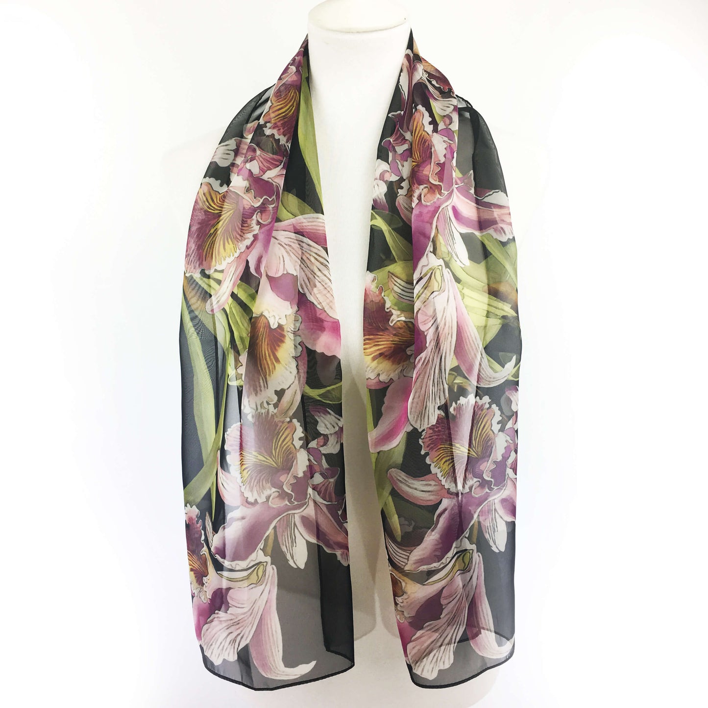 Orchids on Black Chiffon Scarf - UndertheLeafDesigns.com