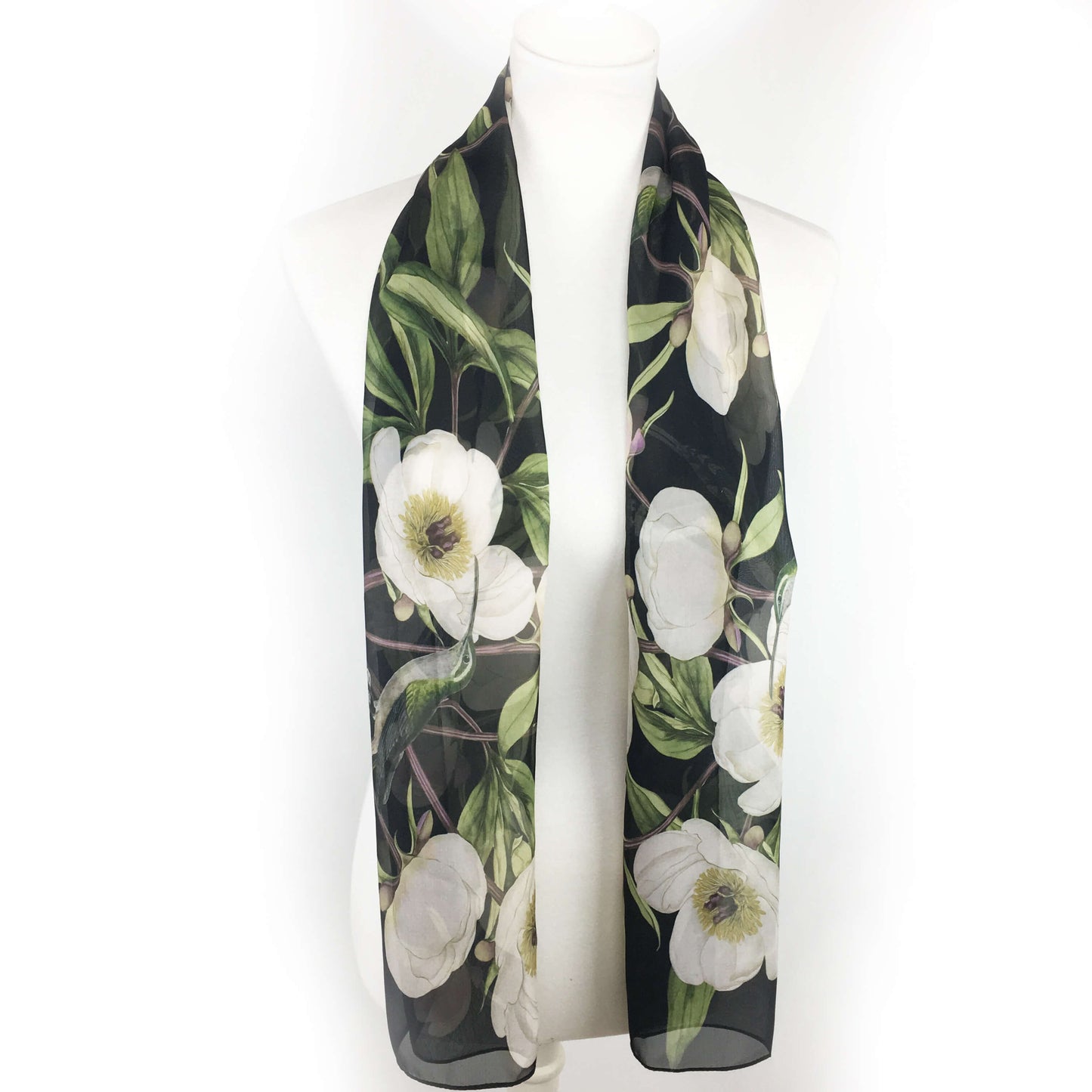 White Peonies and Hummingbirds Chiffon Scarf on Black - UndertheLeafDesigns.com