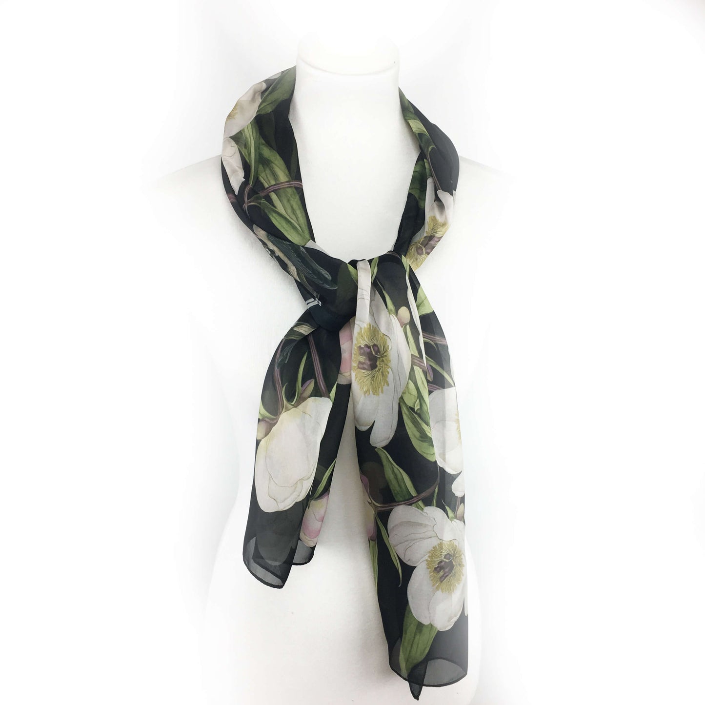 White Peonies and Hummingbirds Chiffon Scarf on Black - UndertheLeafDesigns.com