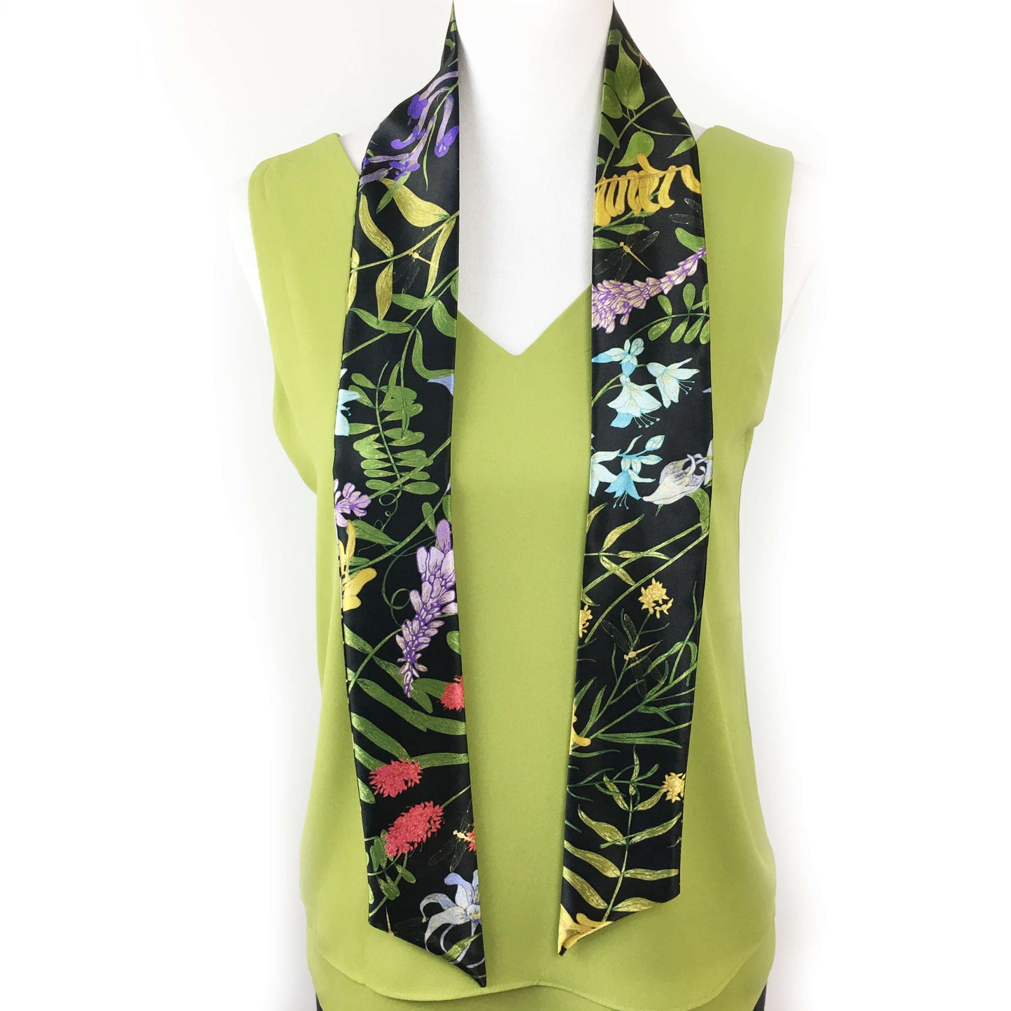 Wildflower garden with dragonflies skinny scarf on black - UndertheLeafDesigns.com