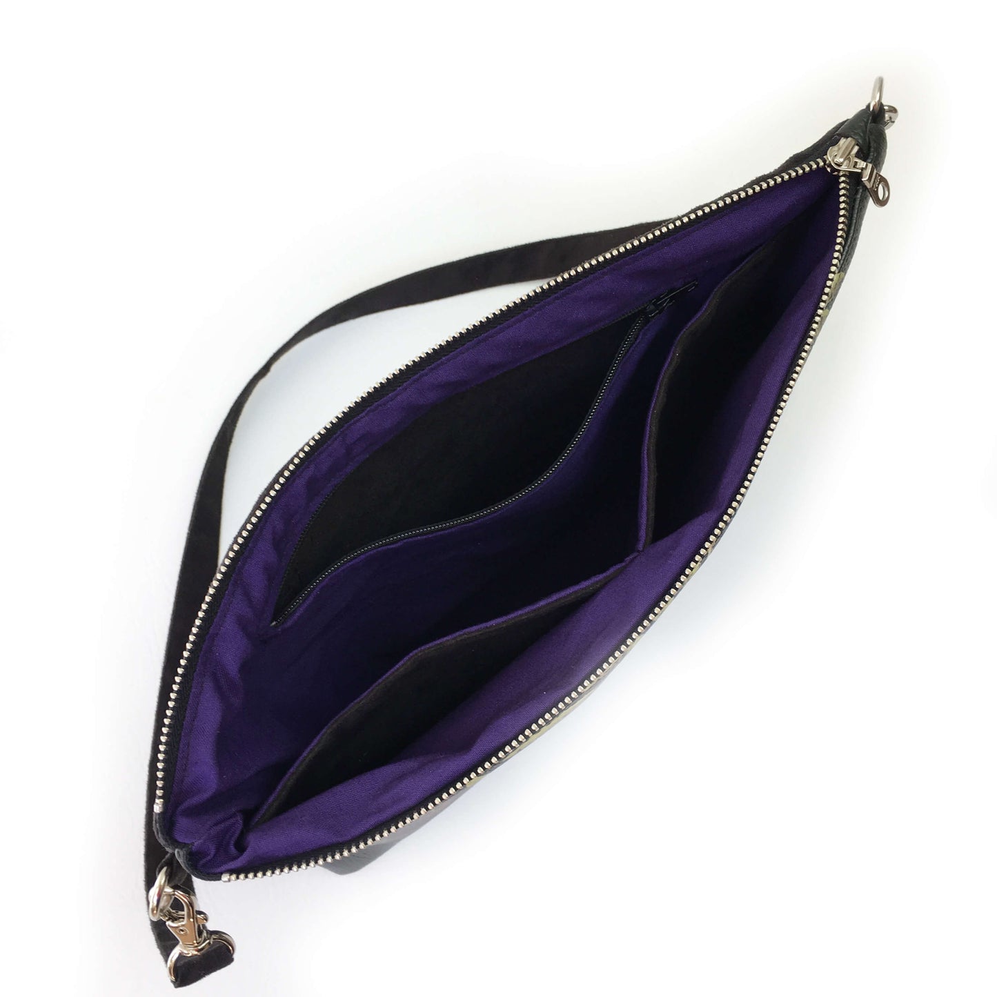 Wisteria on Black Zip Top Shoulder Bag - Vegan Leather/ Suede - UndertheLeafDesigns.com